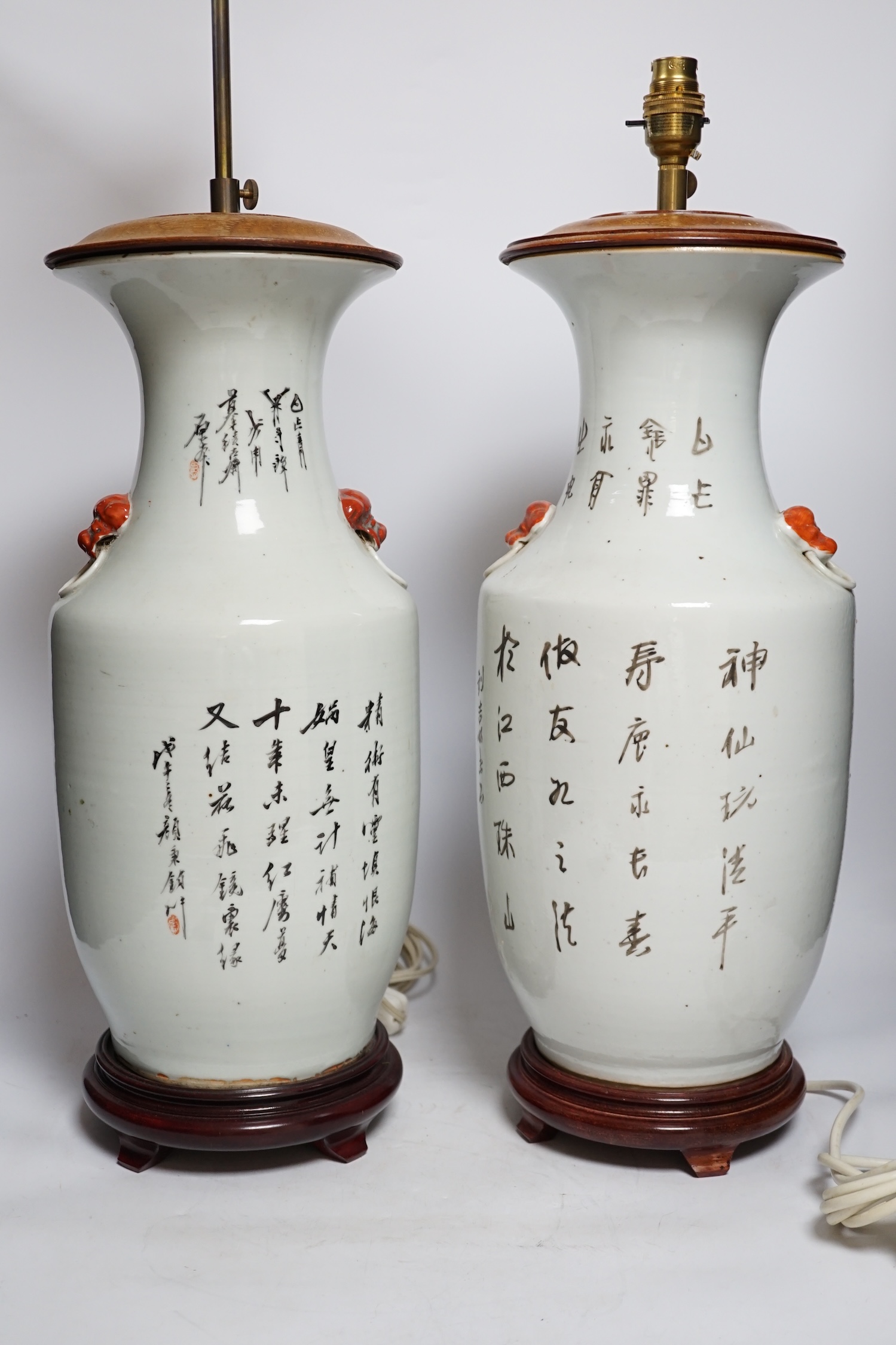 A near pair of Chinese vase lamps, early 20th century, 50cm high no including fittings